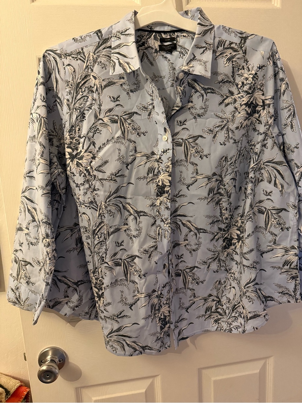 Talbots Pale Blue Floral Print Button-Down Shirt, non iron